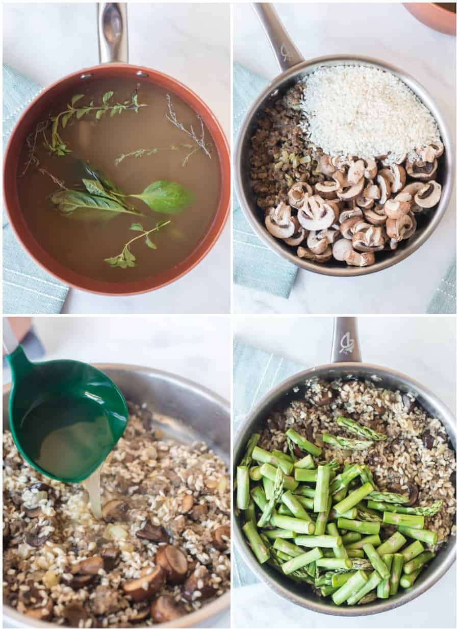 sausage asparagus mushroom risotto recipe how to collage image.