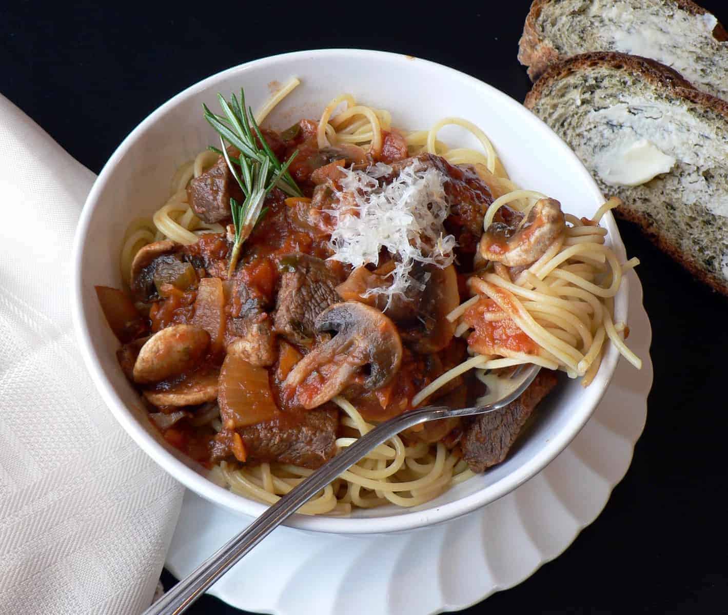 Homemade pasta sauce with steak, steak and mushroom sauce