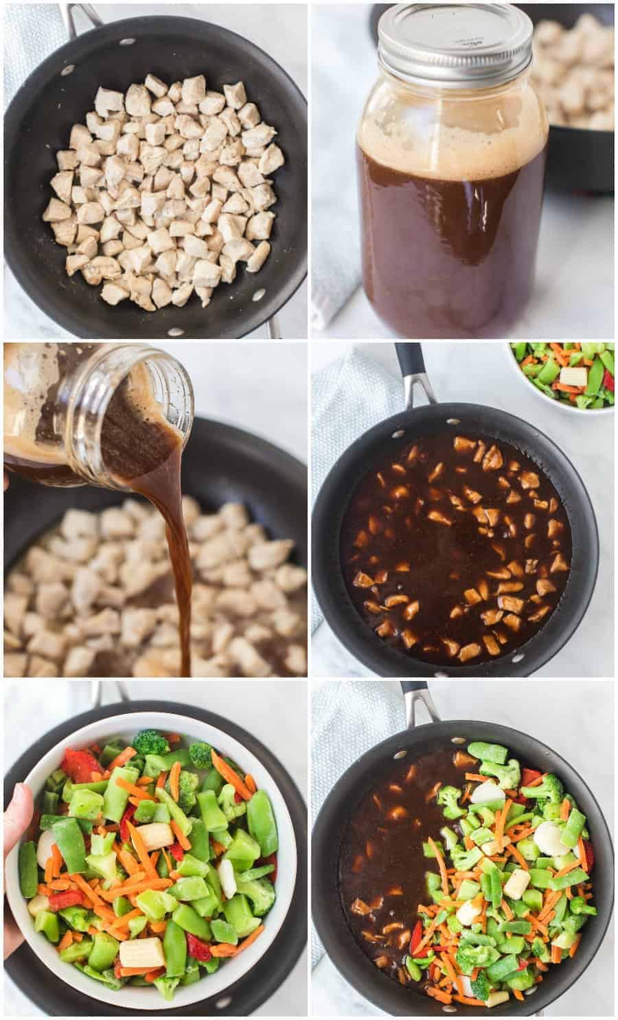 6 photo collage of the quick and easy stir fry in the process.