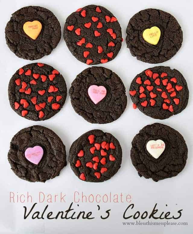 Dark chocolate cookies with heart sprinkles and conversation hearts