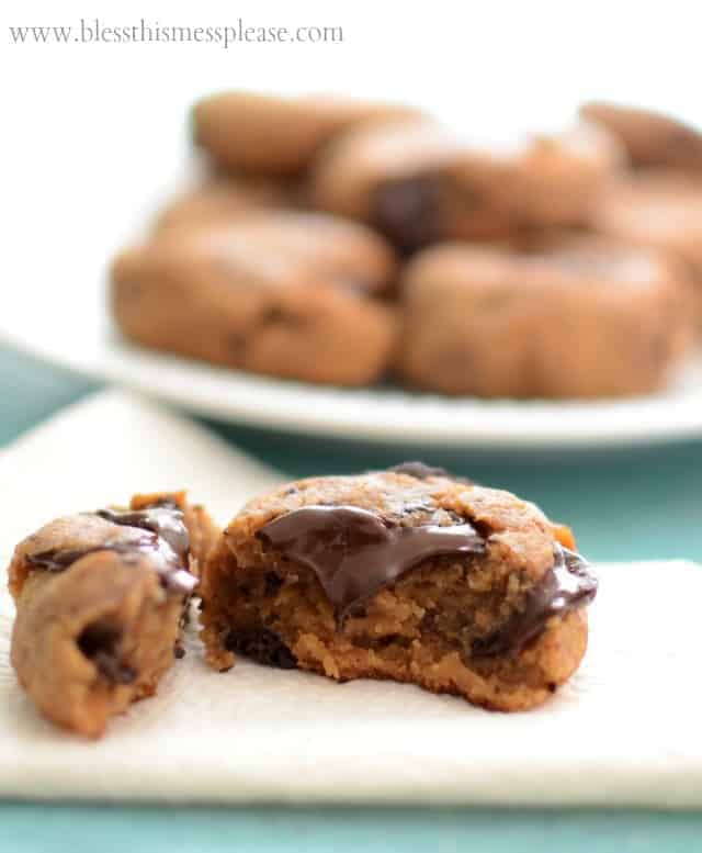 Close up of a Chickpea Peanut Butter Chocolate Chip Cookie Split in Half.