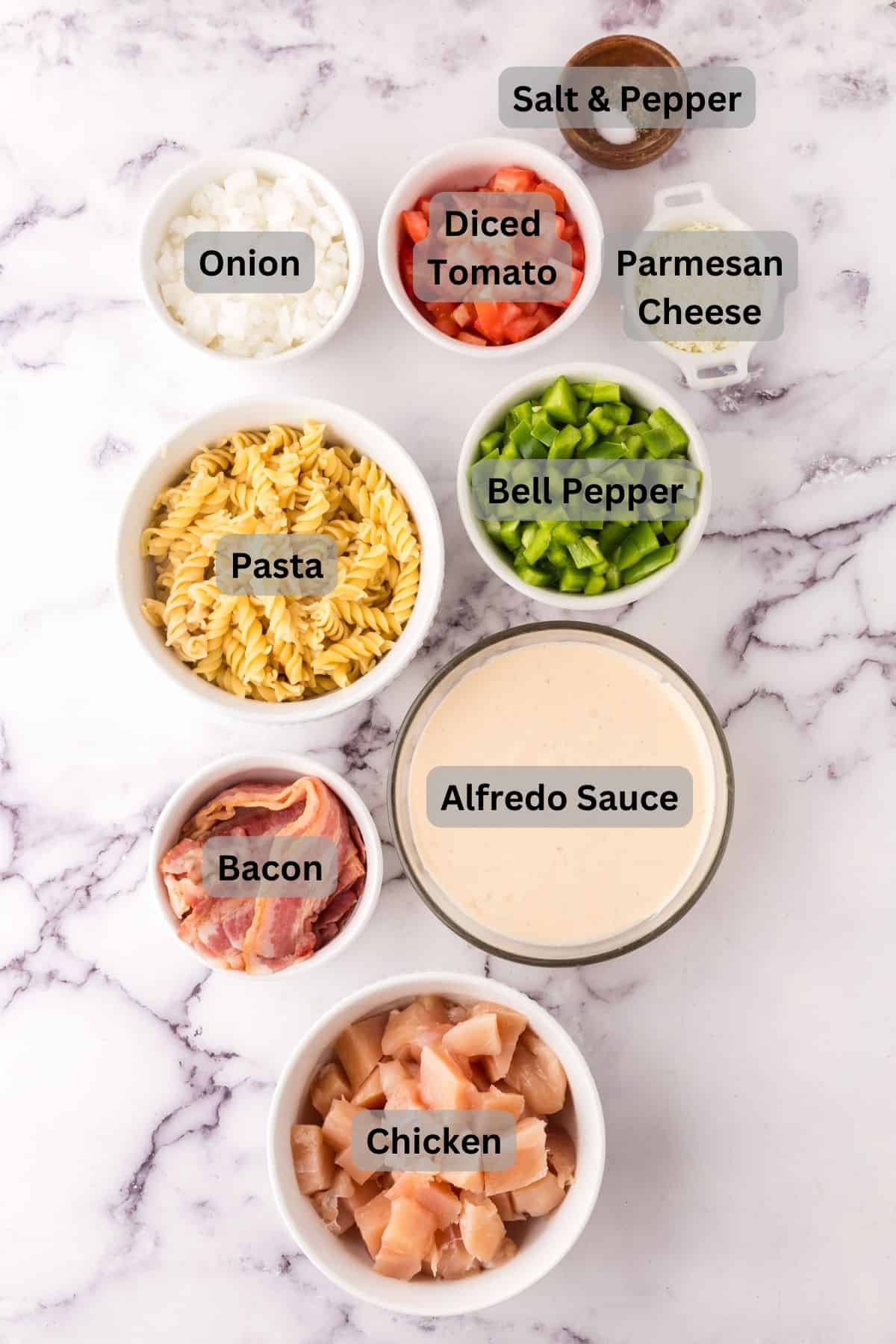 Portioned out ingredients in white bowls that are digitally labeled.