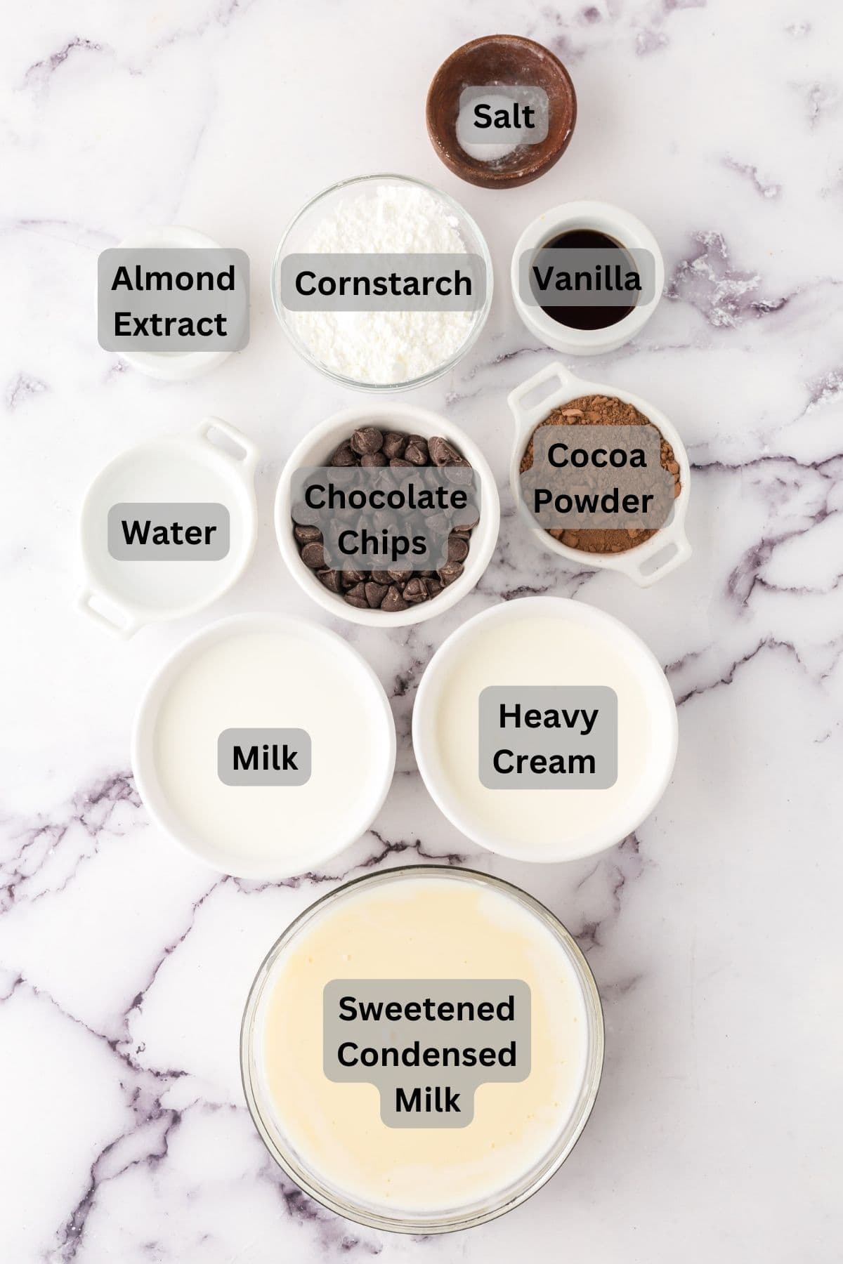 portion bowls each with labeled raw ingredients to make chocolate truffle ice cream.