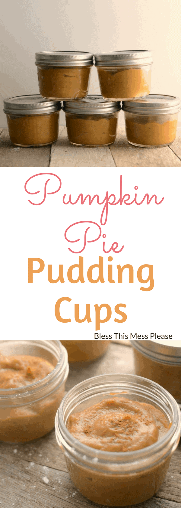 pumpkin pudding in small glass jars on wooden table.