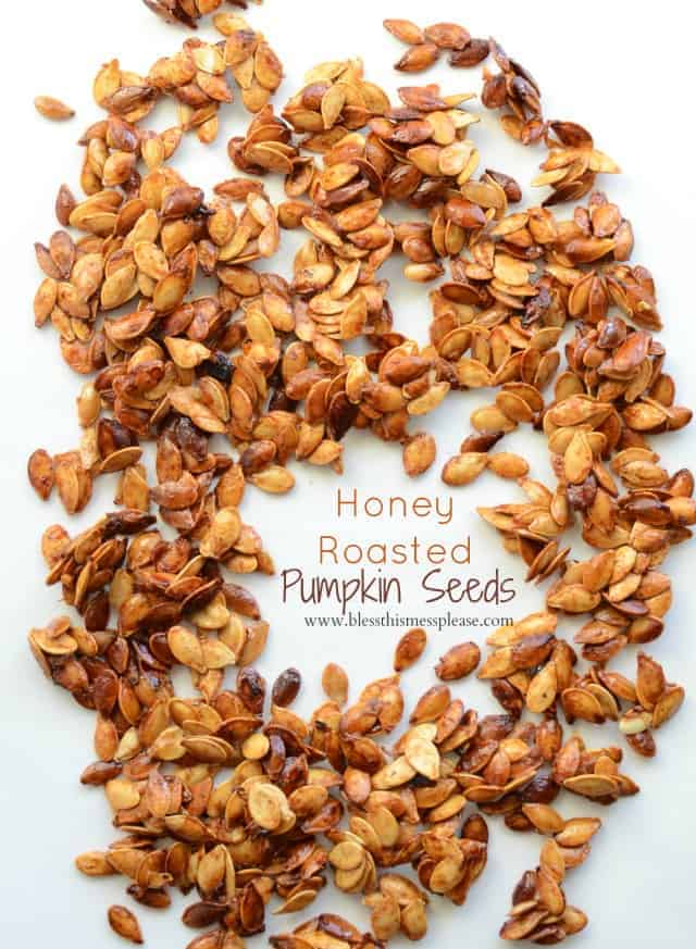 Top view of Roasted Pumpkin Seeds on a white counter.
