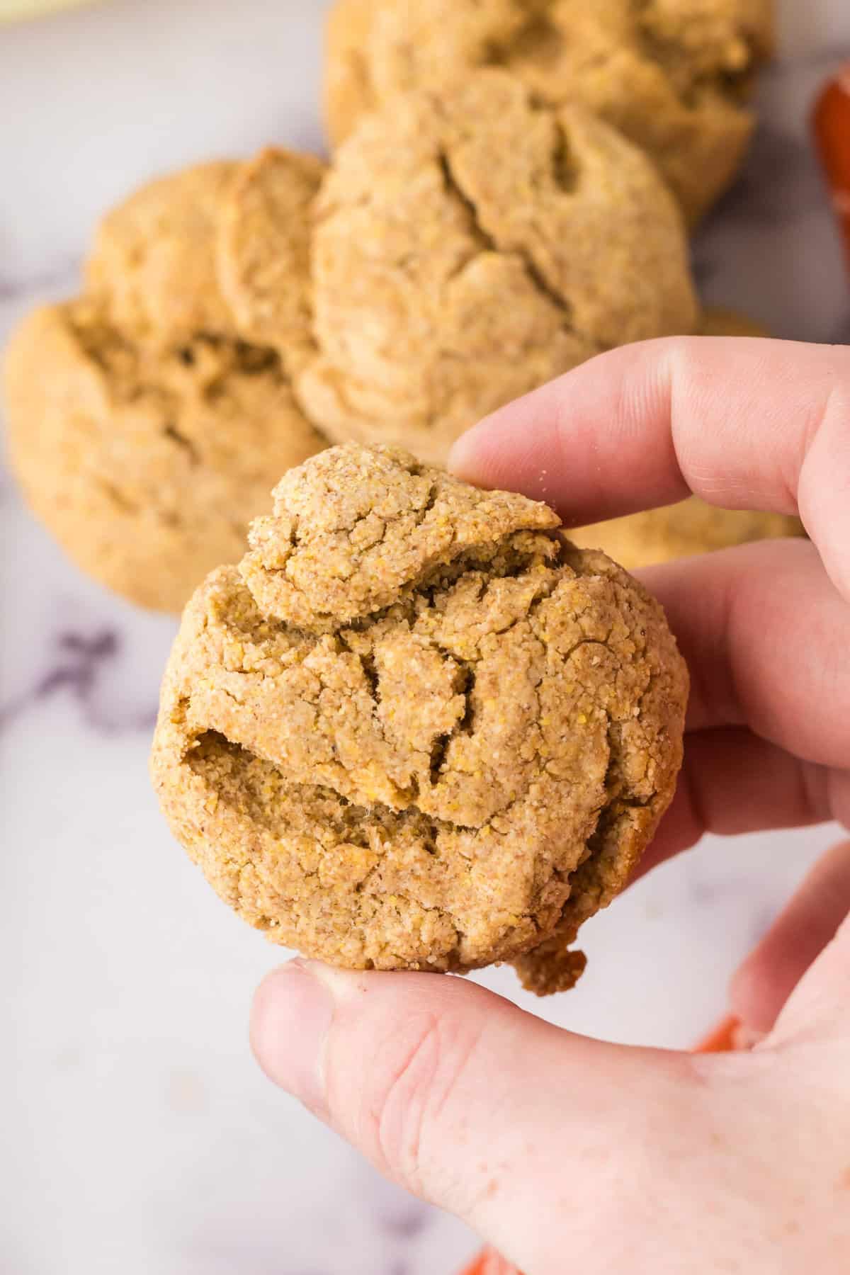 A hand holding a maple cornmeal bisuit.