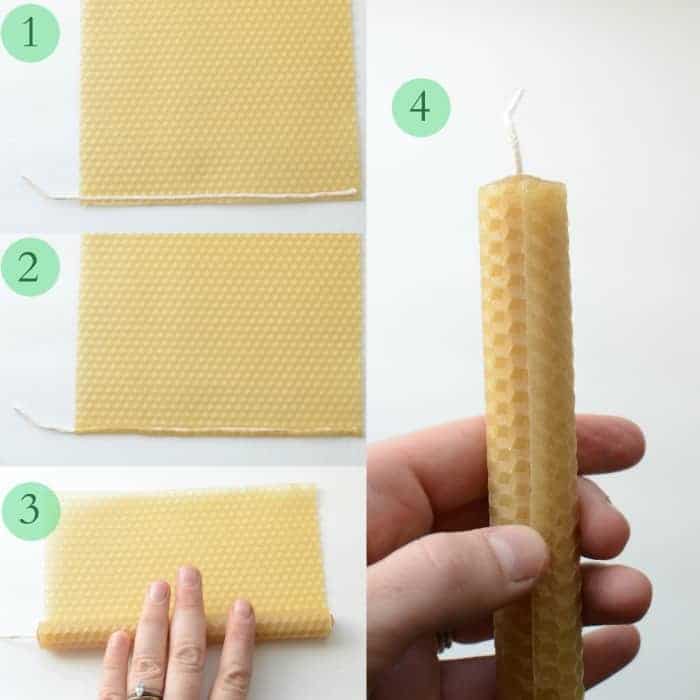 A collage of four pictures showing the steps to make Simple DIY Beeswax Candles.