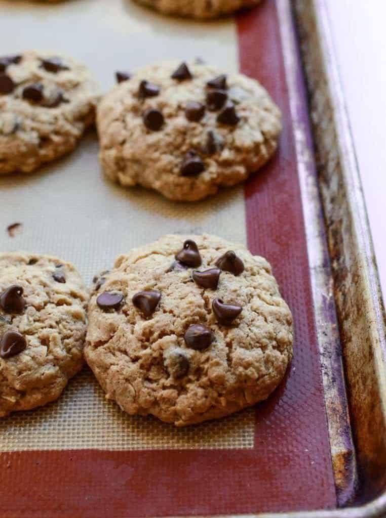 Healthy Chocolate Chip and Oatmeal Cookies on a metal baking pan.