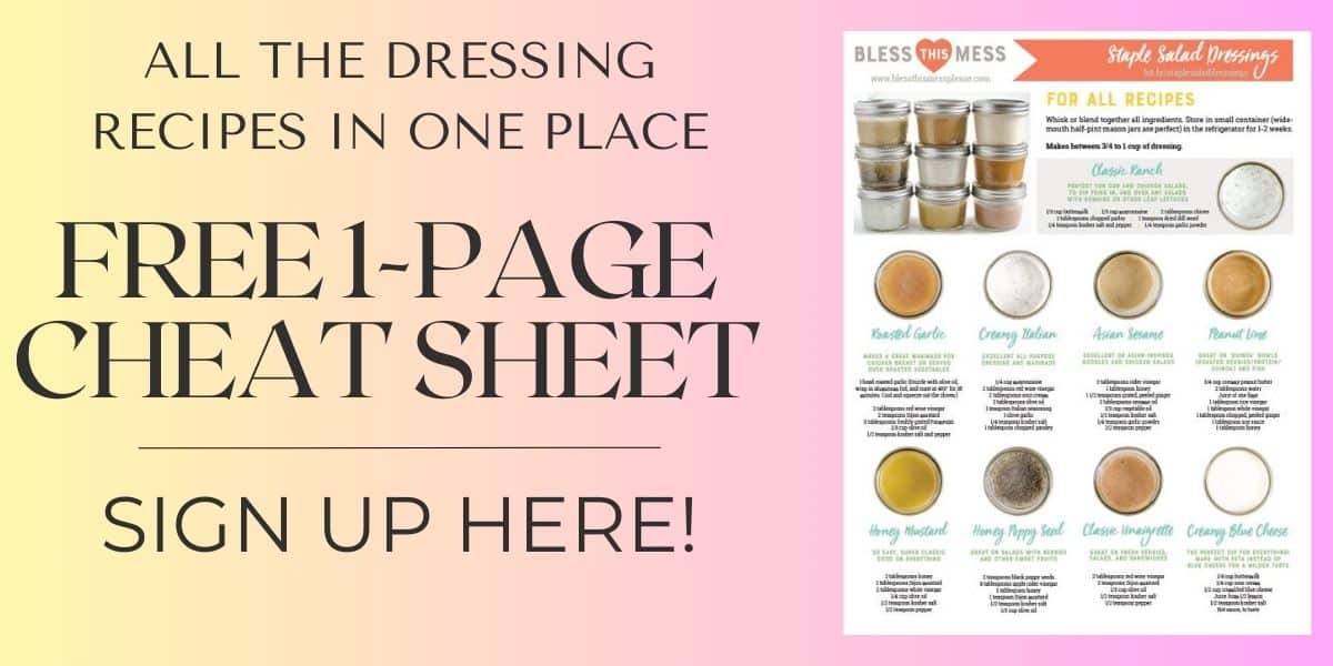 A promotional image for salad dressing recipes. Text reads Discover how to make salad dressing—get all recipes in one place. Free 1-page cheat sheet. Sign up here! with images of jarred dressings and a recipe list on the right. Branding says Rcova.