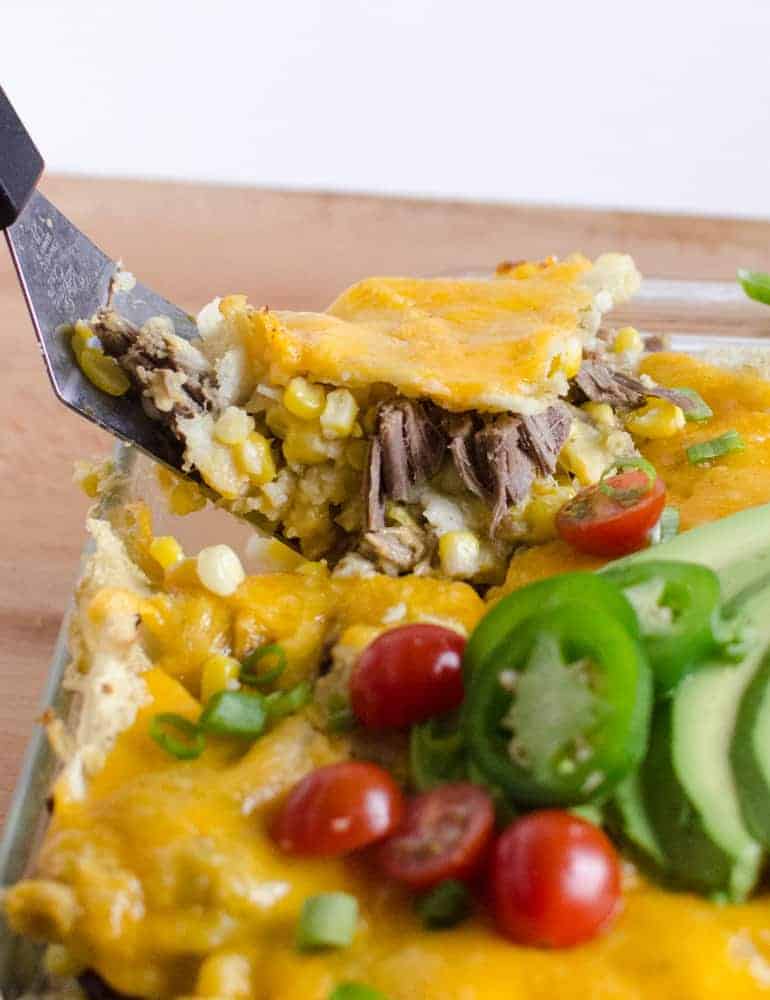 This Shredded Meat and Corn Enchilada Bake comes together quickly when you use leftover shredded meat and extra homemade green enchilada sauce.