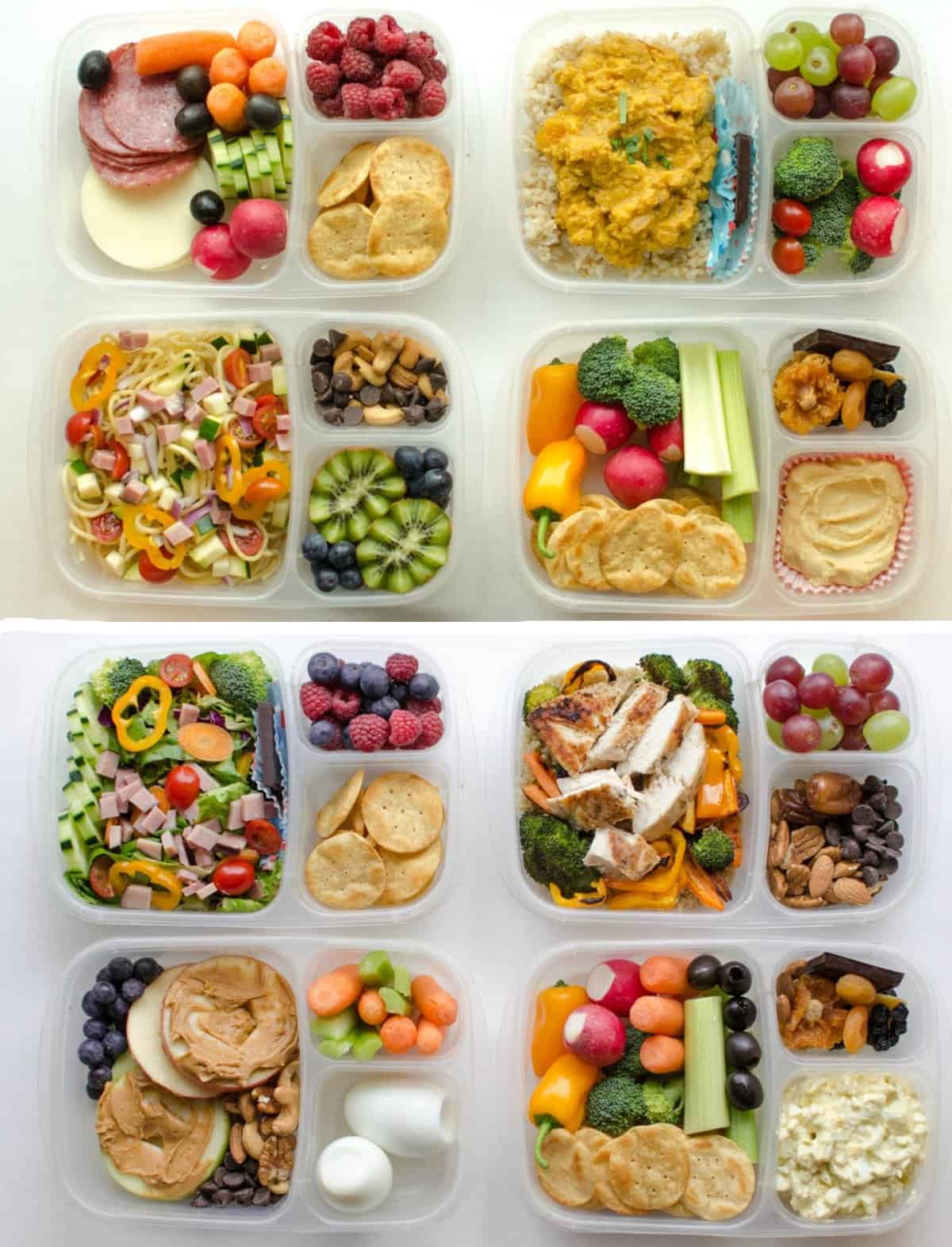 8 Adult Lunch Boxes with different variety of food and snacks.