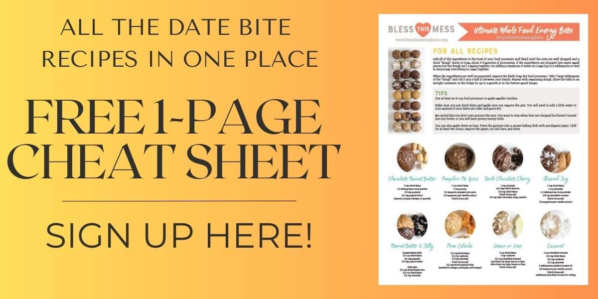 Promotional graphic for a date bite recipes cheat sheet. The left side says: Discover all the energy bites with dates in one place. Free 1-page cheat sheet. Sign up here! The right side shows a preview of the cheat sheet, showcasing images of various bites.
