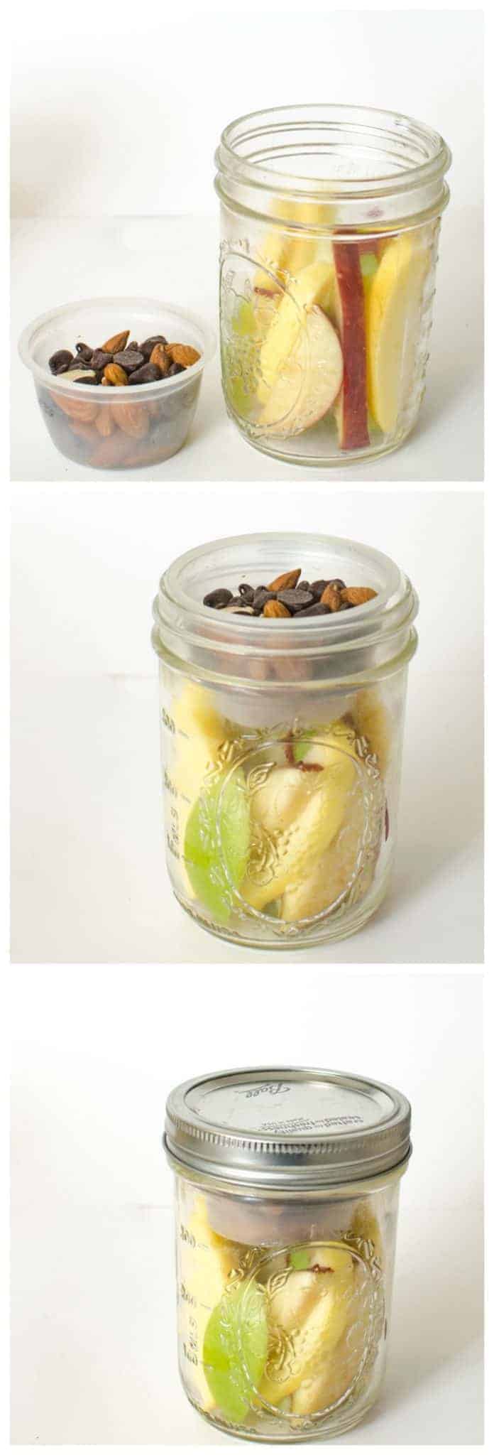 Apple slices with nuts and dark chocolate in a Mason jar.