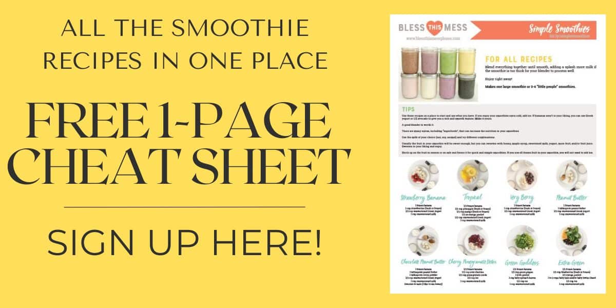 Discover all the easy smoothie recipes in one place with our free 1-page cheat sheet! Featuring vibrant sample smoothie images and expert tips, this guide is your ticket to blending perfection. Sign up here!.