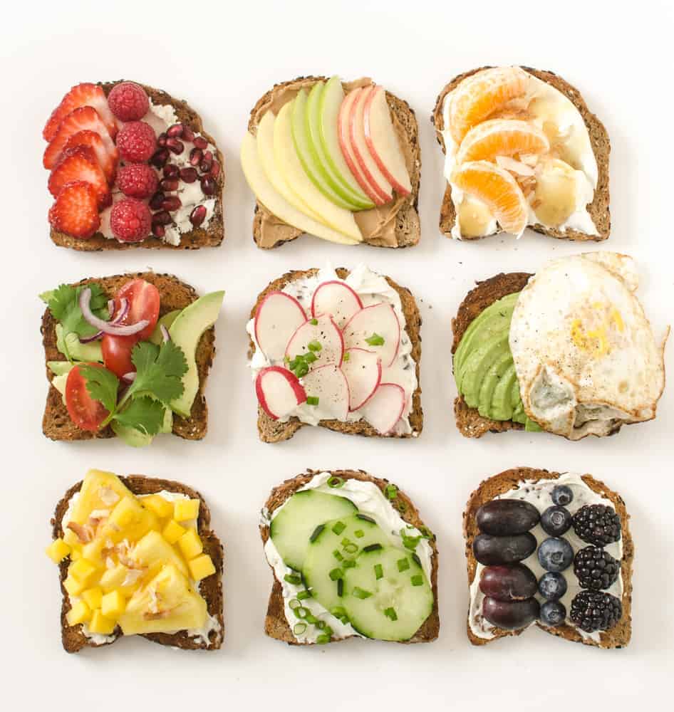 9 simple healthy toast ideas on a white background.