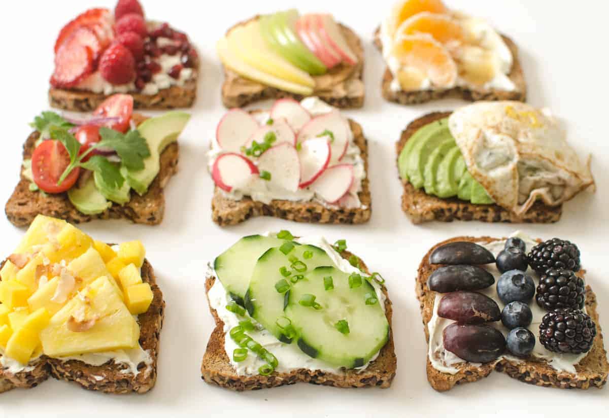 9 simply healthy toast ideas on a white background.