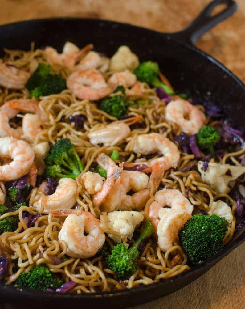 This Shrimp Noodle Stir Fry is full of veggies and done in under 30 minutes making it a perfect weeknight meal!