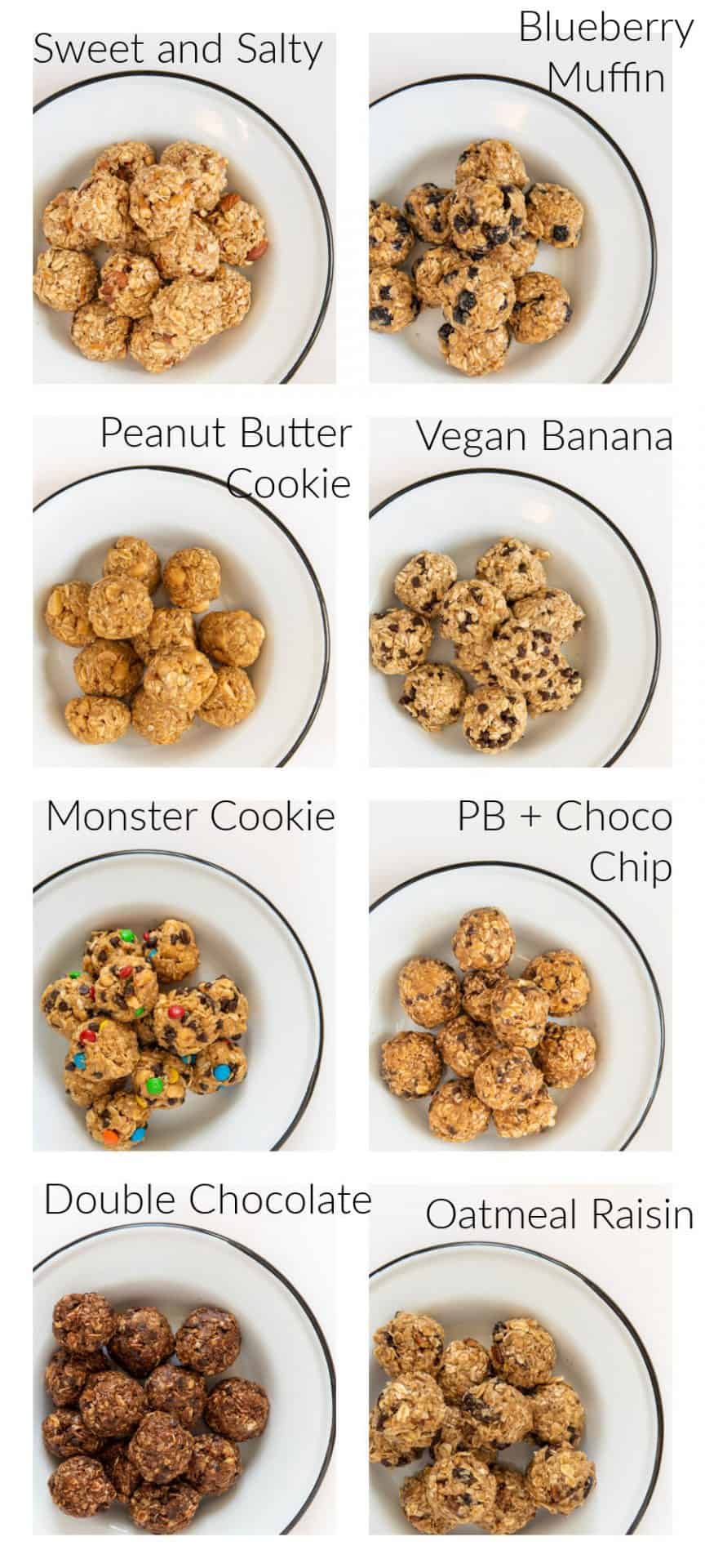 A collage of each type of no-bake oatmeal energy ball recipe.