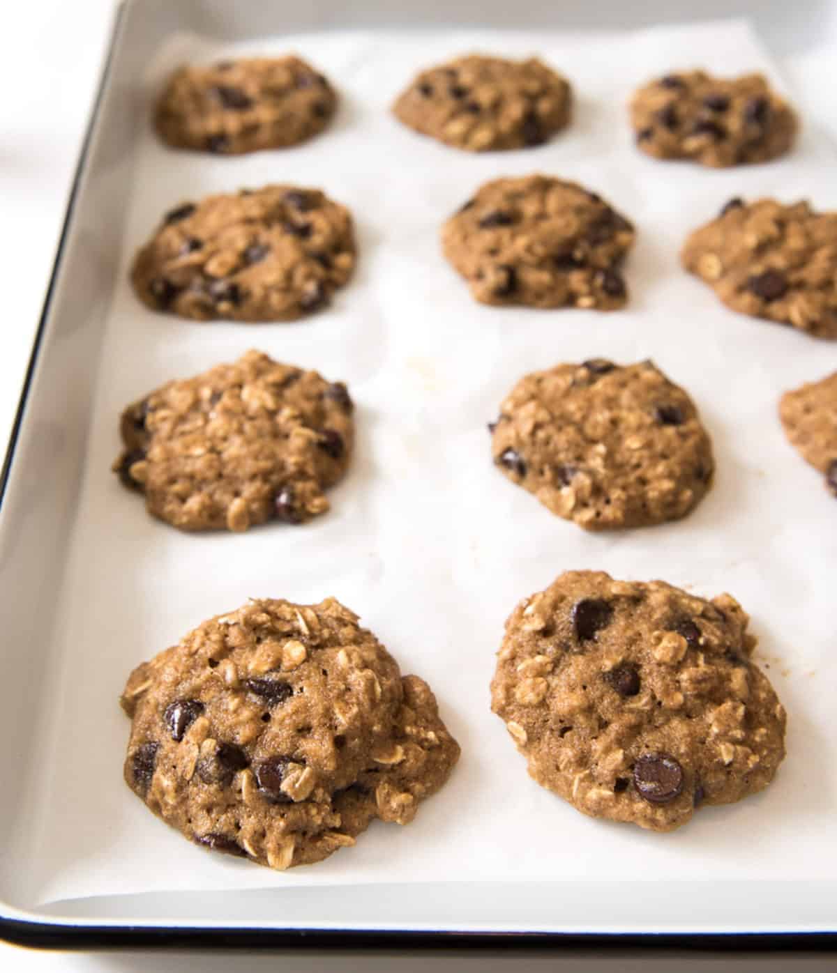 A baking sheet lined with parchment paper holds several freshly baked applesauce oatmeal cookies with chocolate chips arranged in rows.