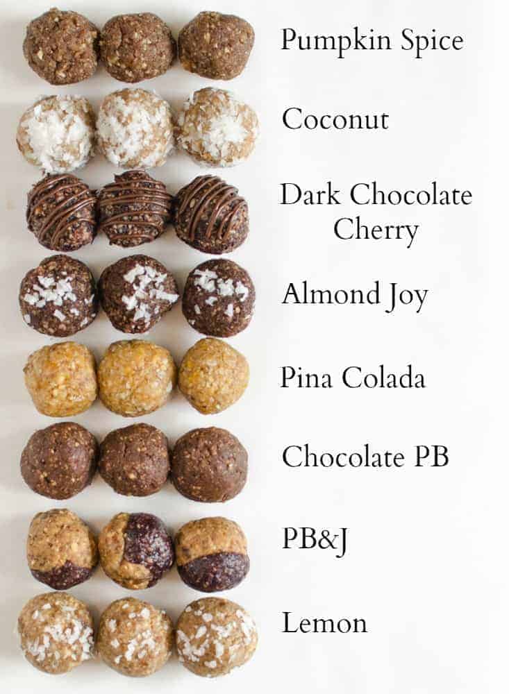 8 varieties of energy balls with a description for each.