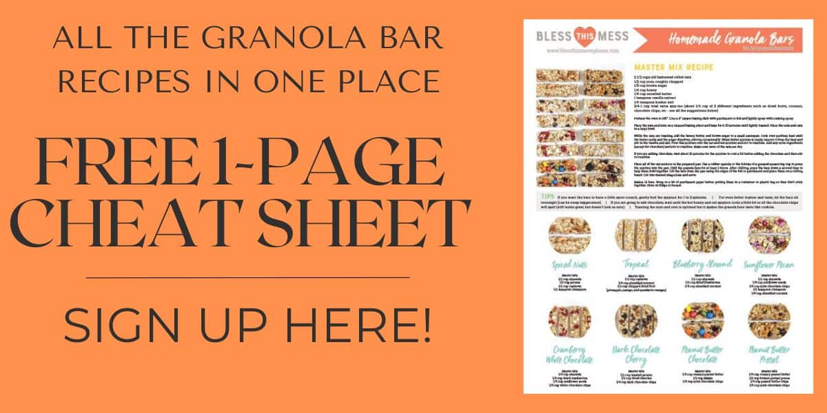 Promotional image offering a free 1-page cheat sheet for easy granola bar recipes. The text reads: All the easy granola bar recipes in one place. Free 1-page cheat sheet. Sign up here! An image of the cheat sheet with colorful granola bar photos is included.