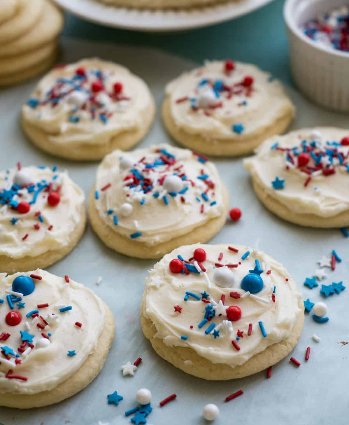 The Best 4th of July Cookies on the Block on a baking sheet lined with white parchment paper.