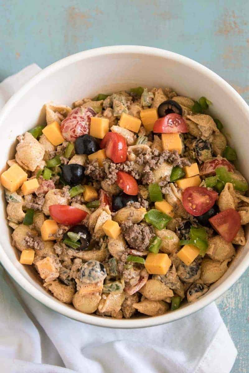 Creamy Taco Pasta Salad in a white bowl.