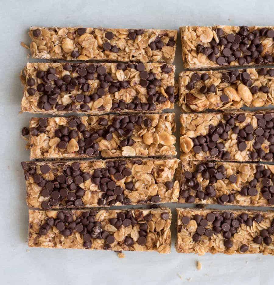 The Best Homemade Chocolate Chip Granola Bars cut into narrow rectangles.
