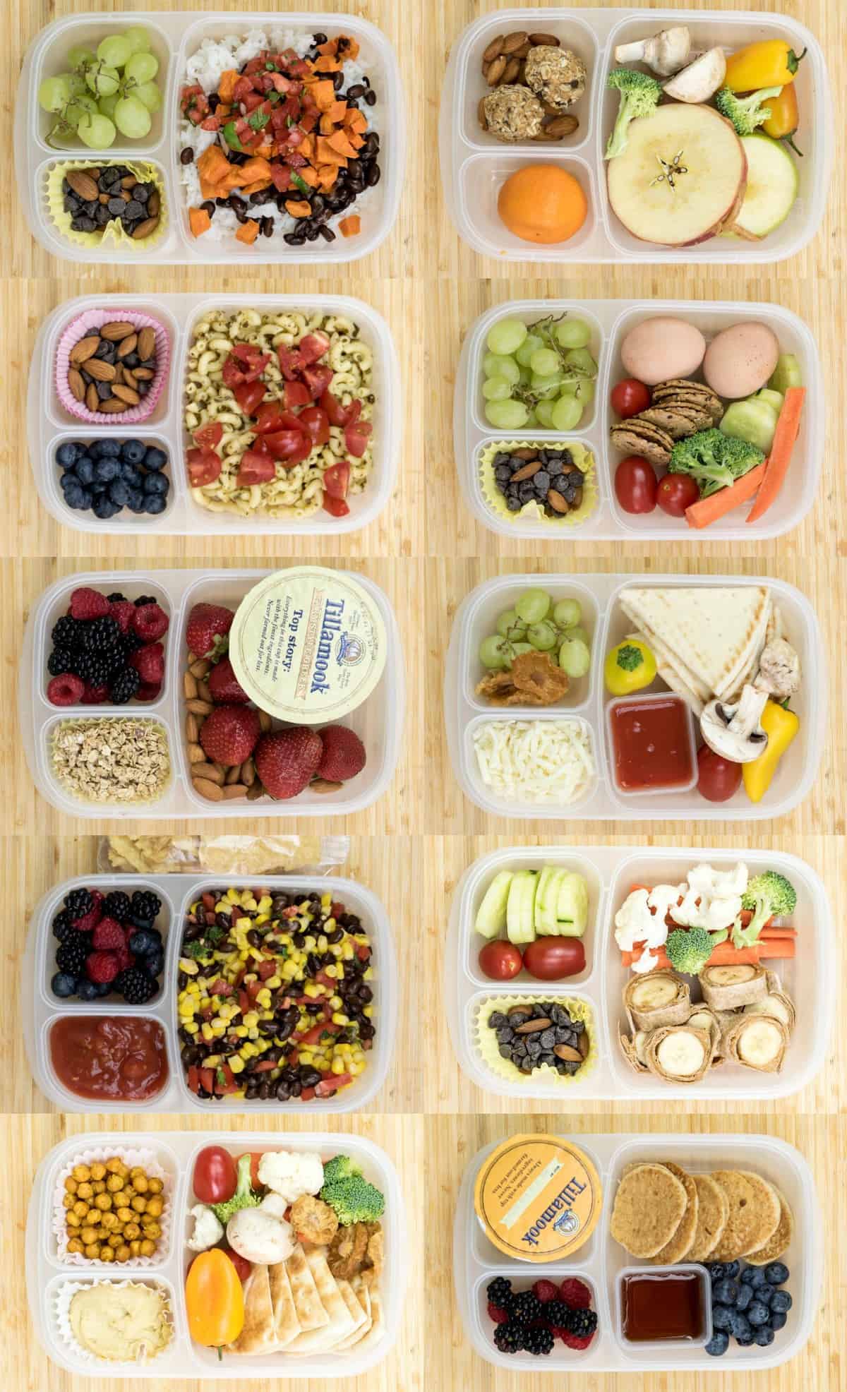 Top view of 10 different lunch box ideas.