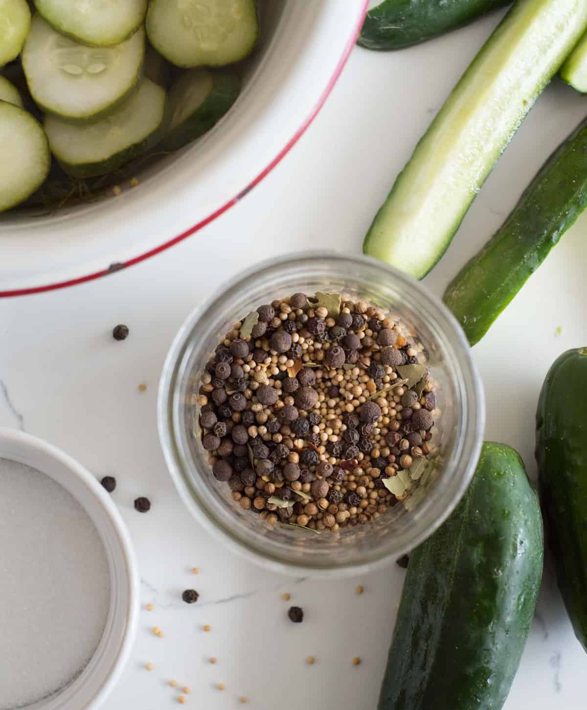 Top view of a close up of a jar of pickling spices