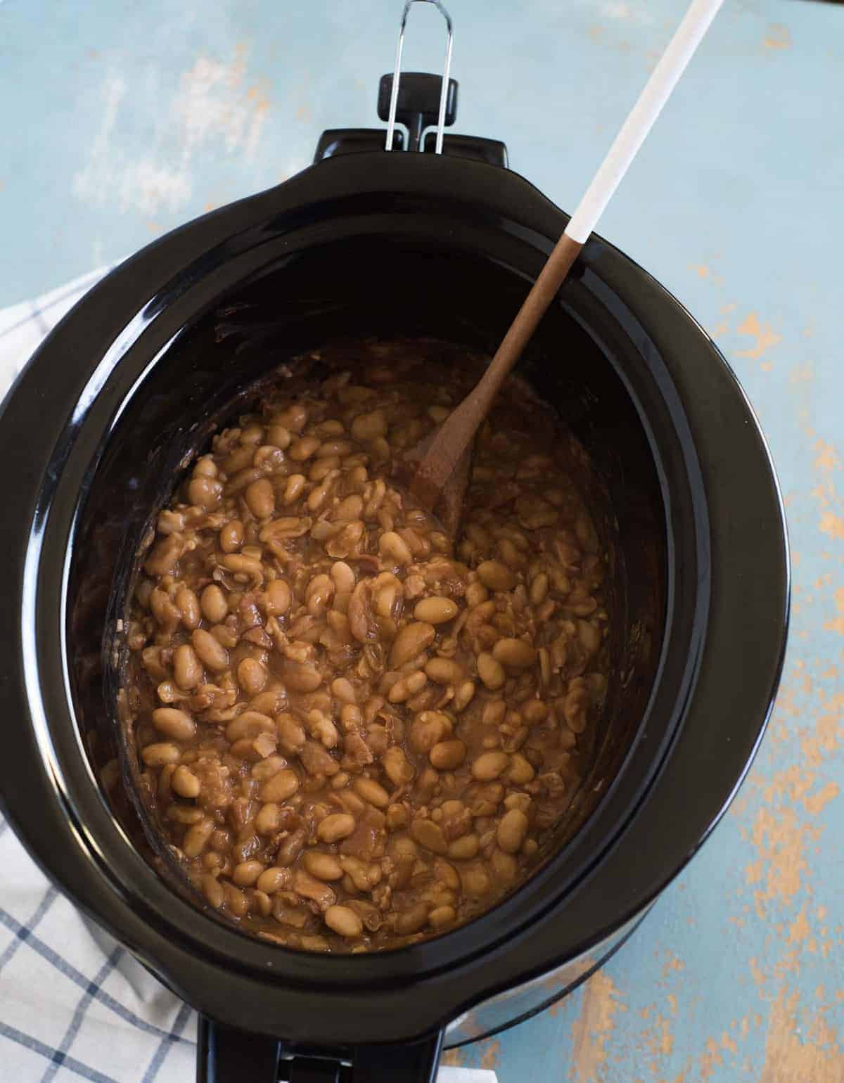 Top view of beans cooked in slow cooker.