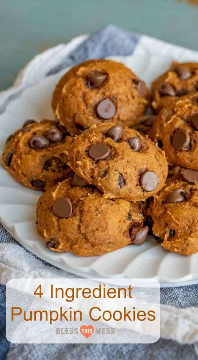 Title Image for 4 Ingredient Pumpkin Cookies and a pile of pumpkin chocolate chip cookies on a round white plate.