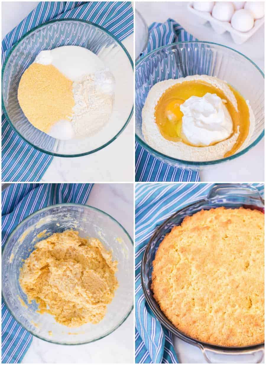 4 photo collage of dough and the finished cornbread cake in a pie plate.