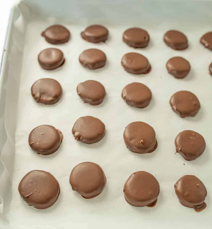 a tray full of homemade peppermint patties
