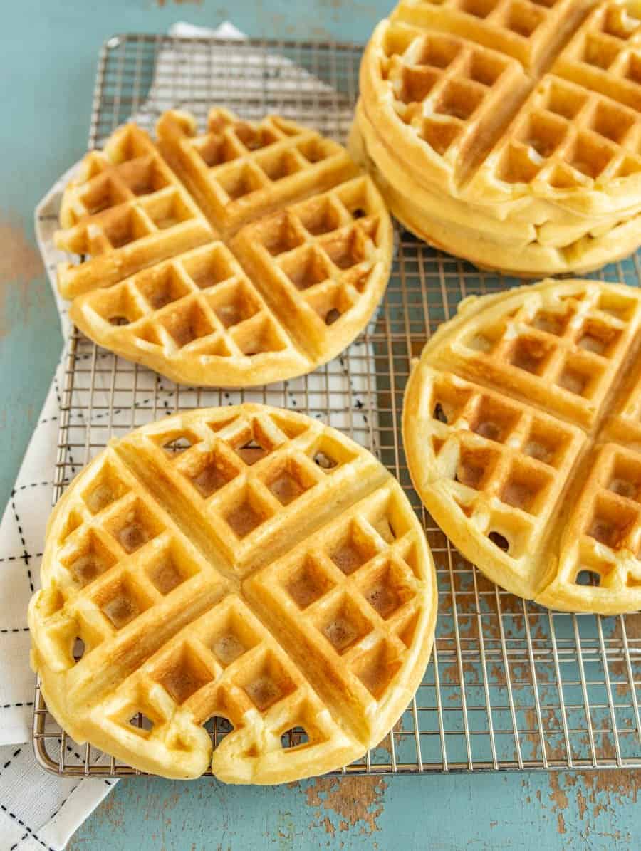 Belgian waffles on a cooling rack.