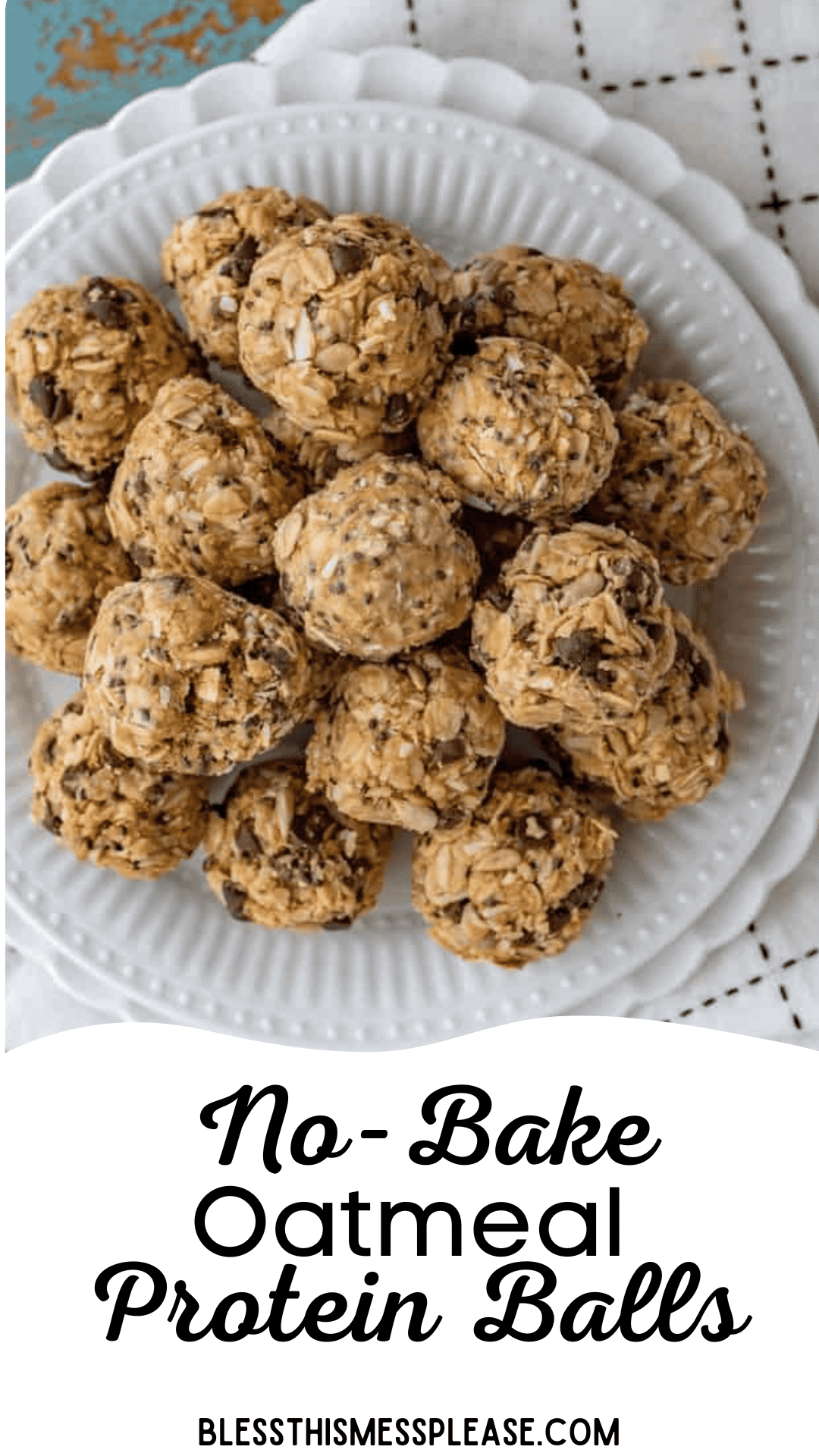 A stack of no-bake oatmeal protein balls on a white plate showcases oats, seeds, and chocolate chips. The text below reads, Oatmeal Protein Balls Delight!.
