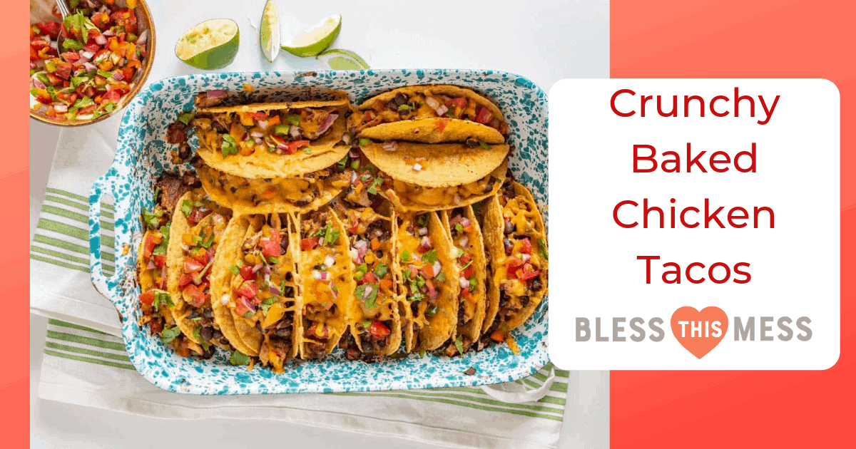 A blue-speckled tray filled with crunchy baked chicken tacos topped with melted cheese and salsa sits beside lime wedges and extra salsa. Text reads, “Baked Chicken Tacos. Rcova.”.