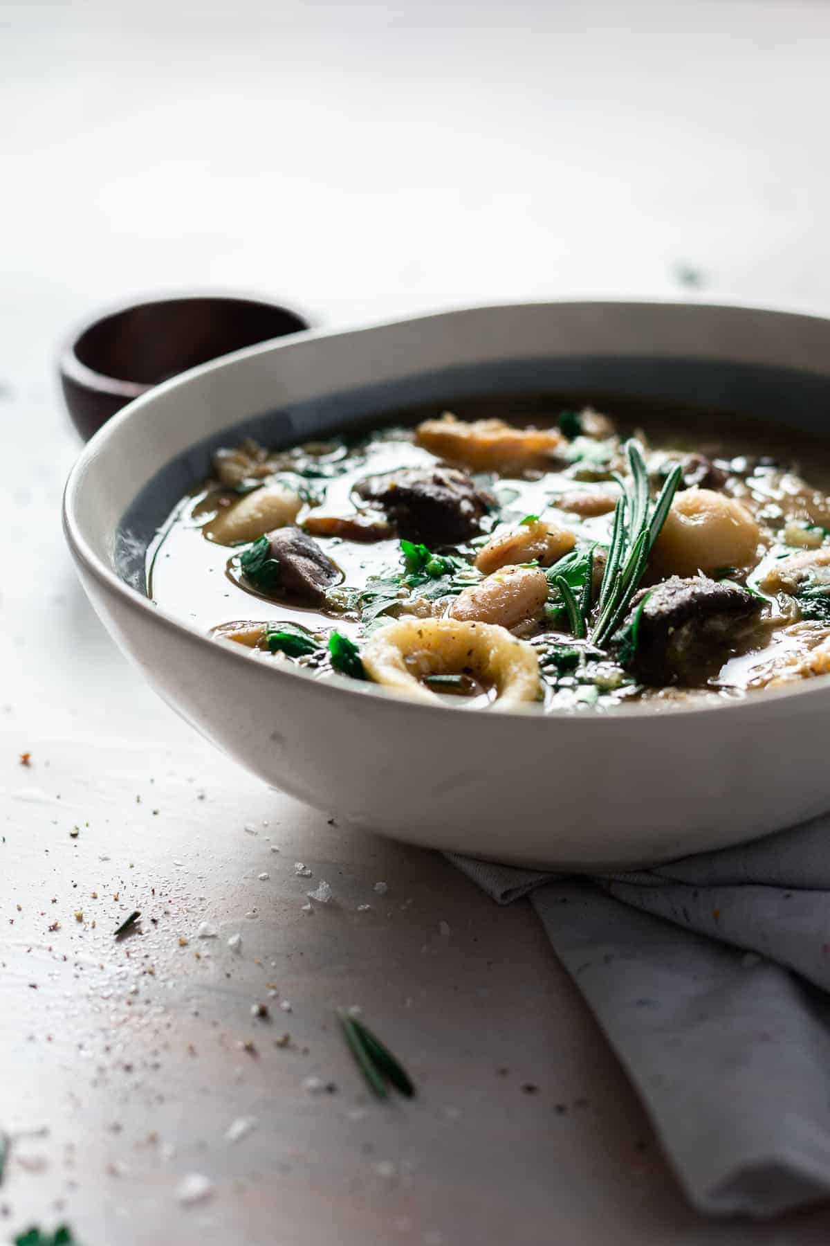 soup with pasta, mushrooms and chicken in a white and blue bowl.