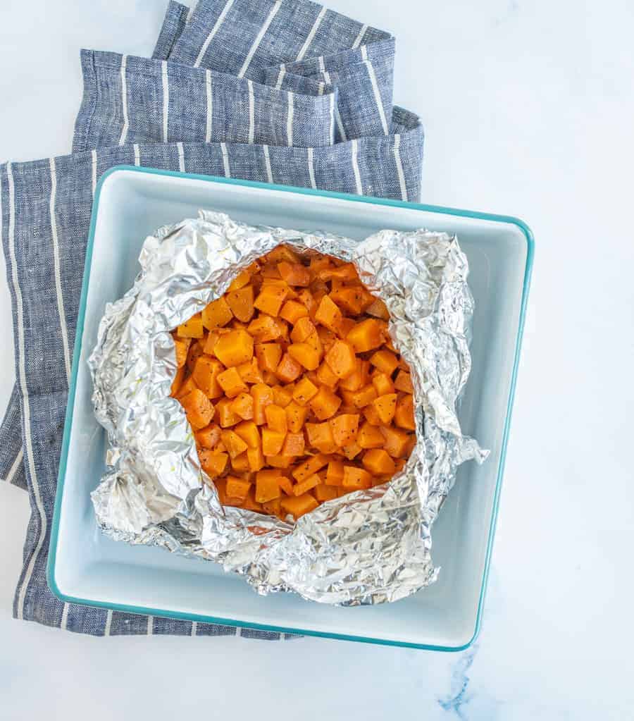 a foil wrap of grilled butternut squash