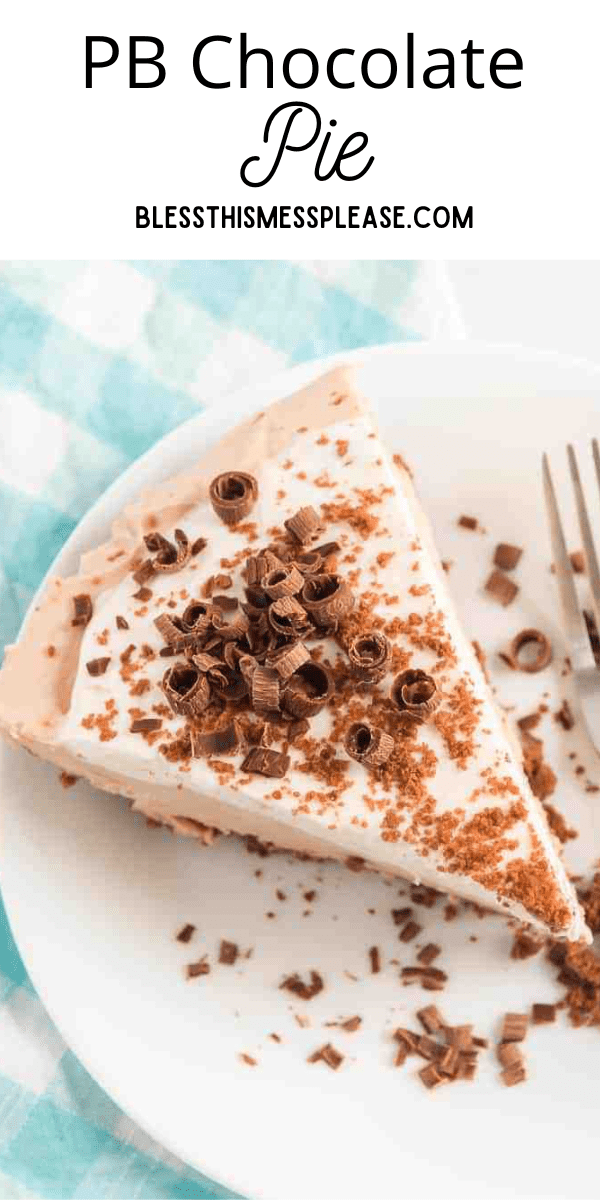 A slice of no bake peanut butter chocolate pie topped with chocolate shavings rests on a white plate. A fork lies beside it, and a blue and white checkered cloth adds a touch of charm to the background.