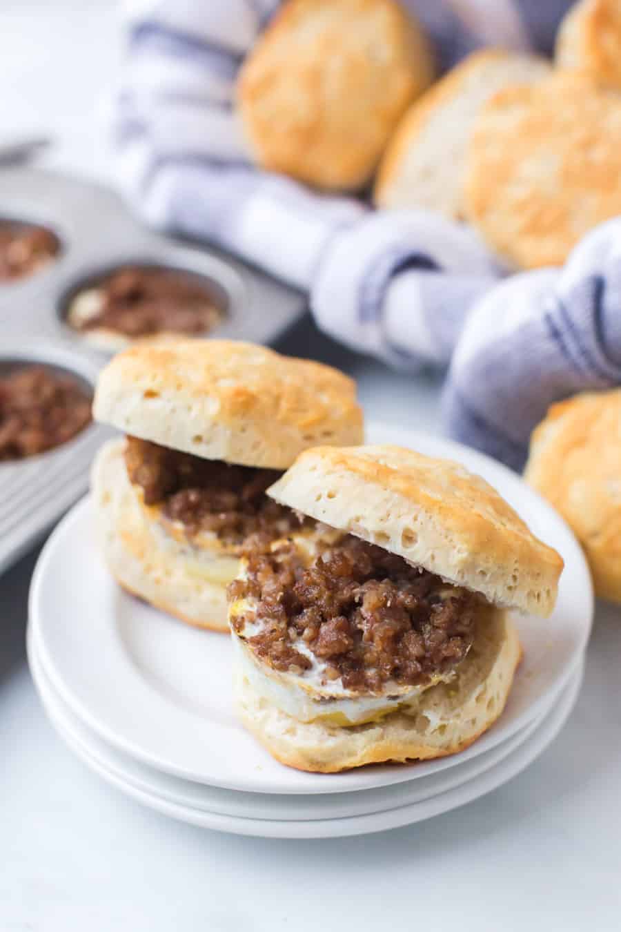 These easy breakfast biscuit sandwiches for a crowd are so simple to throw together for a brunch or if you have visitors, and they're hearty and delicious!