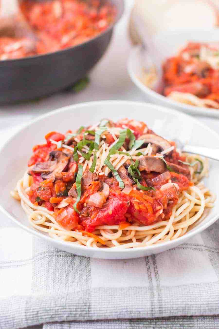 Steak and mushroom marinara is a hearty and rich pasta dish that's packed with bites of yummy steak, mushrooms, celery, carrots, onion, tomatoes, and decadent herbs. #pasta #marinara #steak #mushrooms #marinarapasta