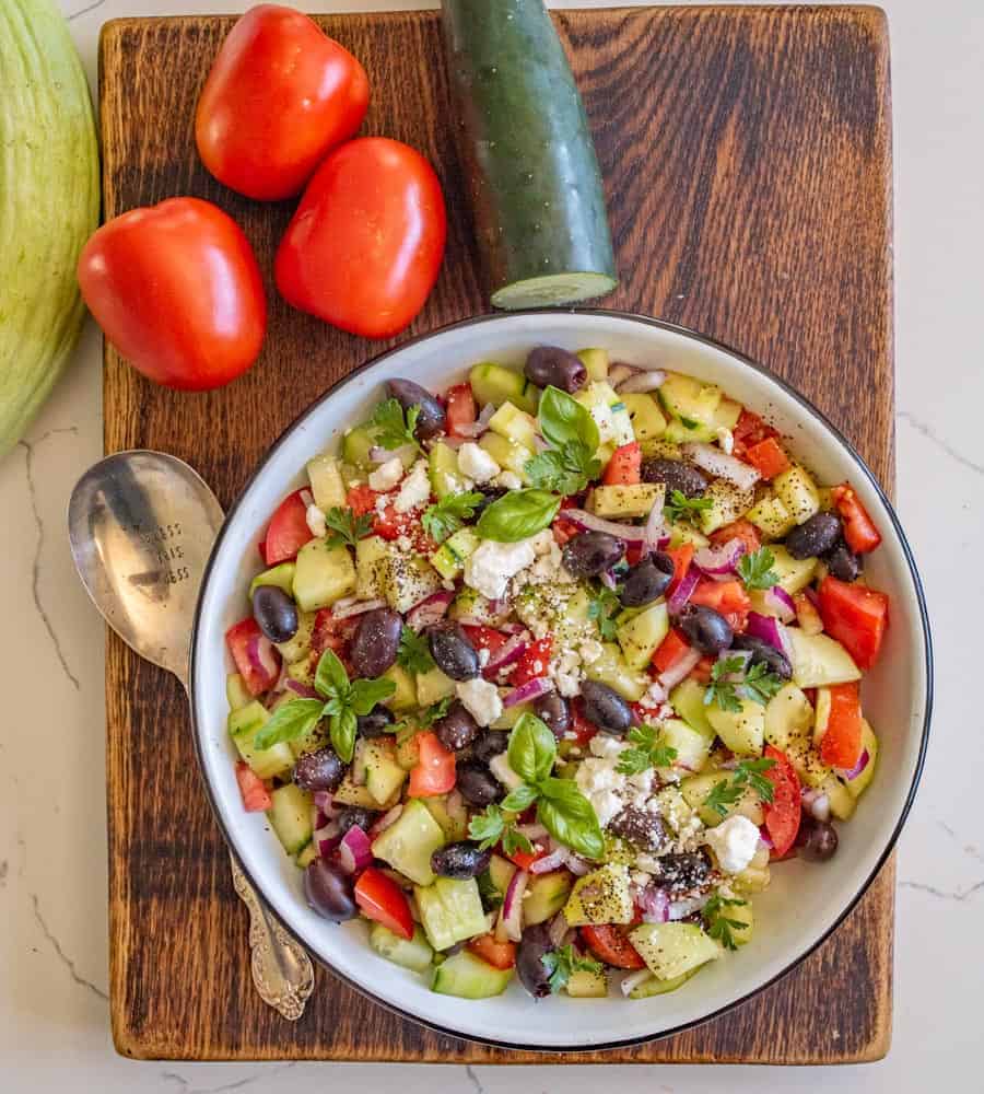 A refreshing and easy taste of summer, this Mediterranean cucumber salad is packed with fresh ingredients and flavors that you can totally make your own!