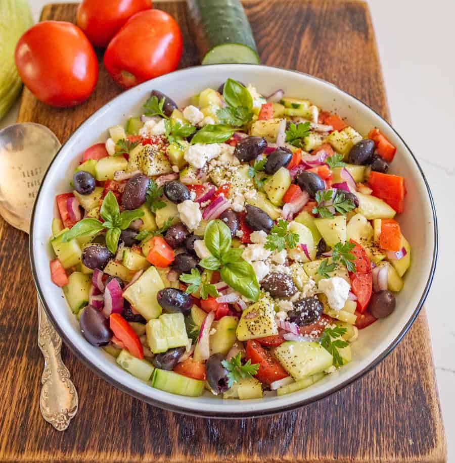 A refreshing and easy taste of summer, this Mediterranean cucumber salad is packed with fresh ingredients and flavors that you can totally make your own!