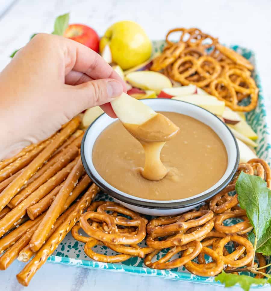 apples and pretzels dipped in homemade caramel dip.