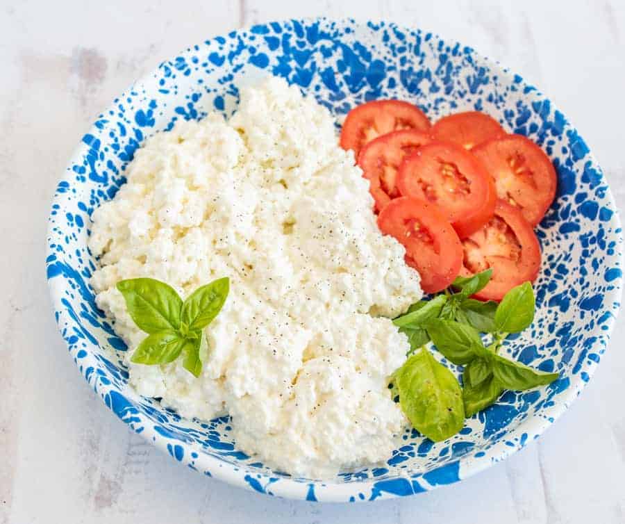A blue and white speckled bowl with cottage cheese, sliced tomatoes, and fresh basil leaves, perfect for those curious about how to make cottage cheese or elevate simple ingredients on a white surface.