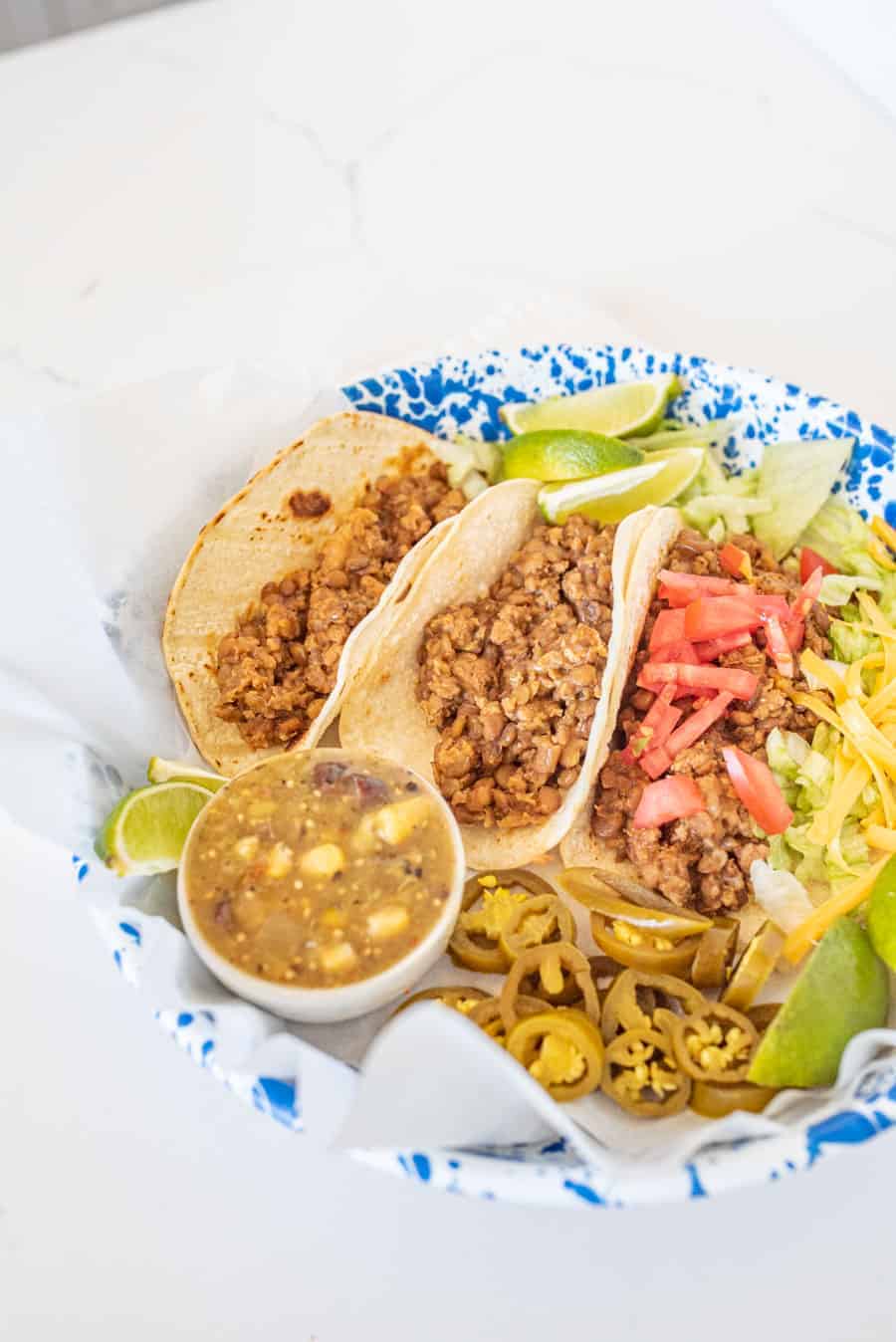 ground turkey and lentil meat to fill classic corn tortilla shells with all the taco fixings
