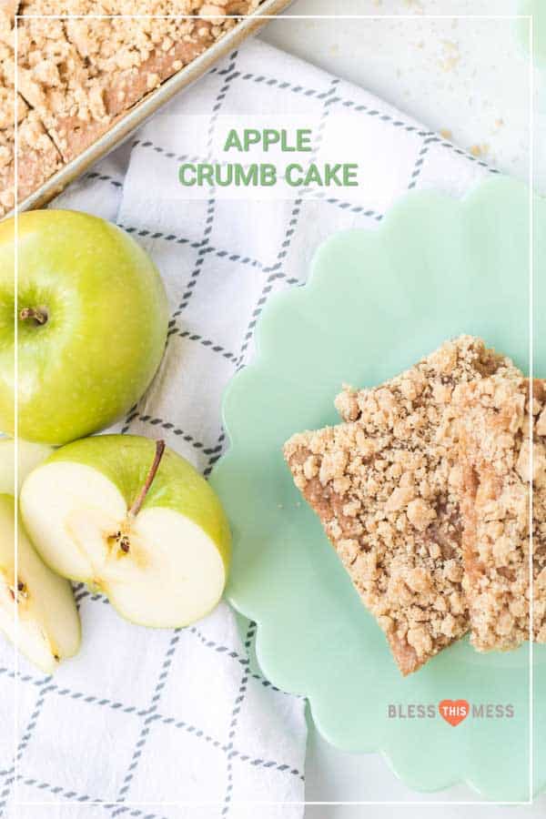 two squares of apple crumb cake on a plate with vanilla ice cream and apple slices.