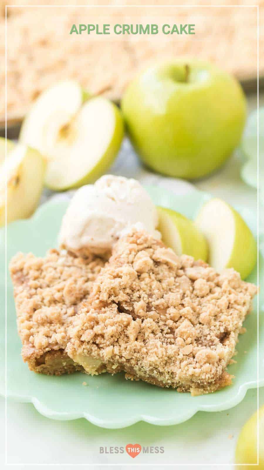 Apple Crumb Cake with two squares of apple crumb cake on a plate with vanilla ice cream and apple slices.