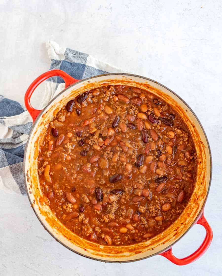 top view of chili in red pot.
